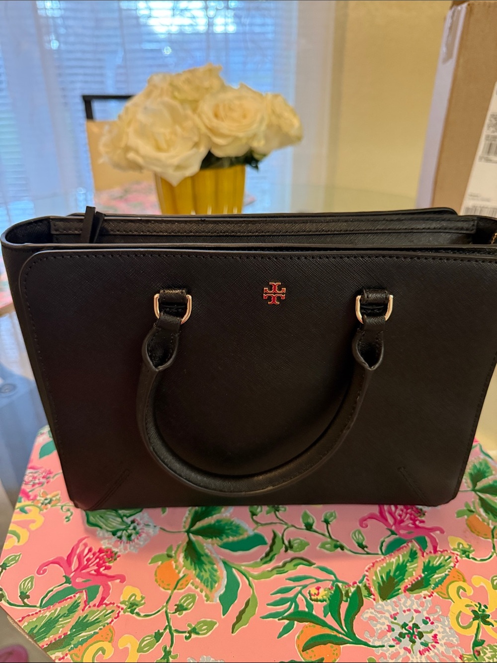 Tory Burch Black Saffiano Leather Top-Handle Satchel with Gold Logo